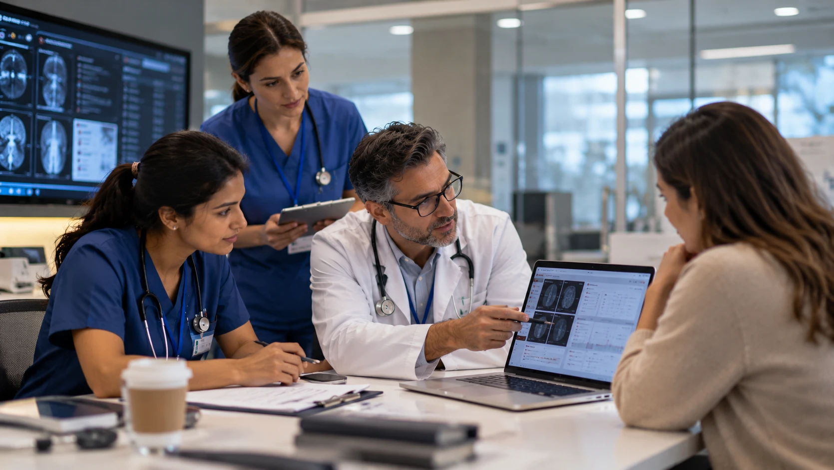 Doctor and nurses walking a patient through brain scan results on a laptop